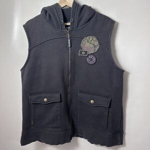 CABELAS Mens Charcoal Gray Vest Hooded Sweatshirt Patches Outdoor Gorpcore 2XL